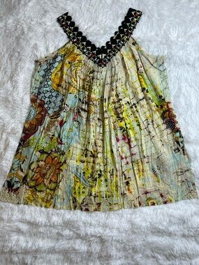 No Chaudry KC Floral Pleated V-Neck Camisole in Yellow Multicolor 100%Cotton